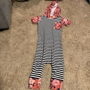 Rags to Raches Black & White Striped Jumpsuit with Coral Floral Hood